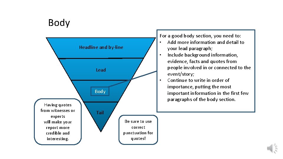 Body For a good body section, you need to: • Add more information and