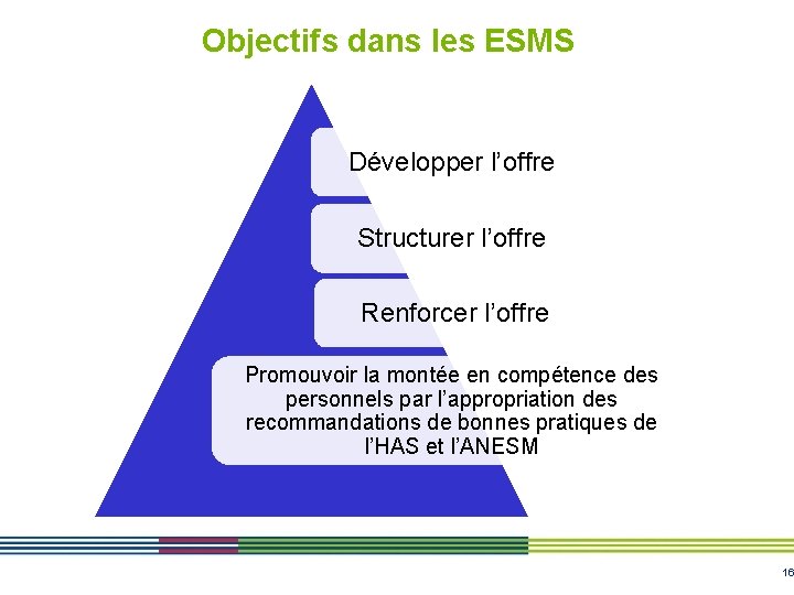 Objectifs dans les ESMS Développer l’offre Structurer l’offre Renforcer l’offre Promouvoir la montée en