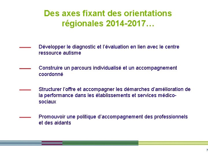 Des axes fixant des orientations régionales 2014 -2017… Développer le diagnostic et l’évaluation en