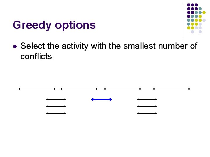 Greedy options l Select the activity with the smallest number of conflicts 
