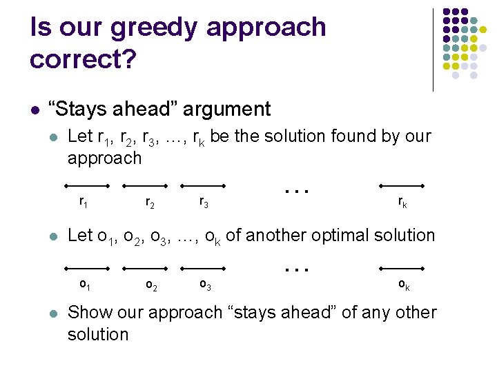 Is our greedy approach correct? l “Stays ahead” argument l Let r 1, r