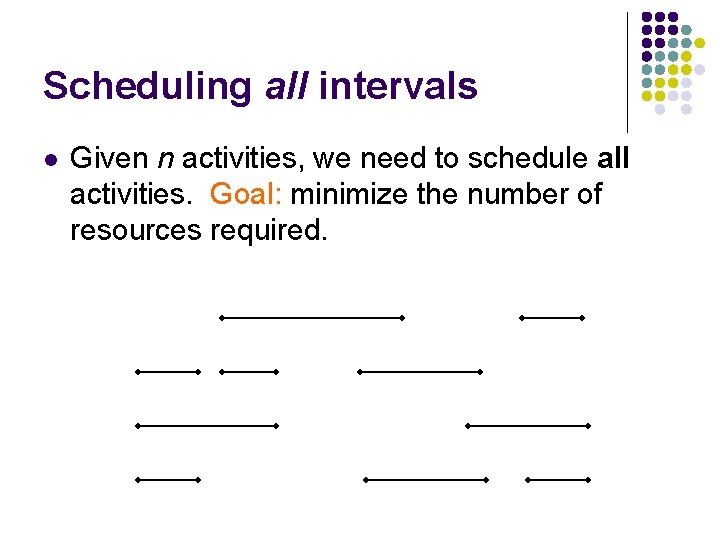 Scheduling all intervals l Given n activities, we need to schedule all activities. Goal: