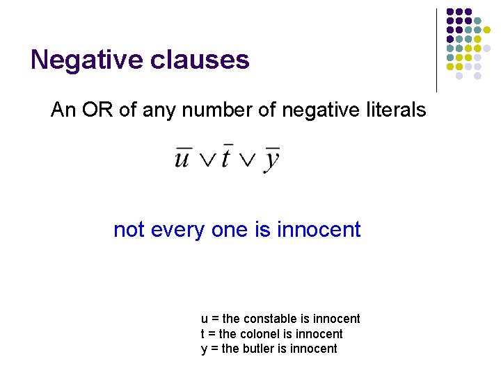 Negative clauses An OR of any number of negative literals not every one is