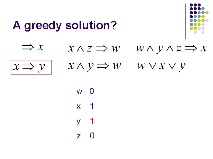 A greedy solution? w 0 x 1 y 1 z 0 