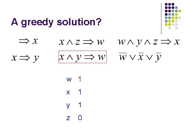 A greedy solution? w 1 x 1 y 1 z 0 