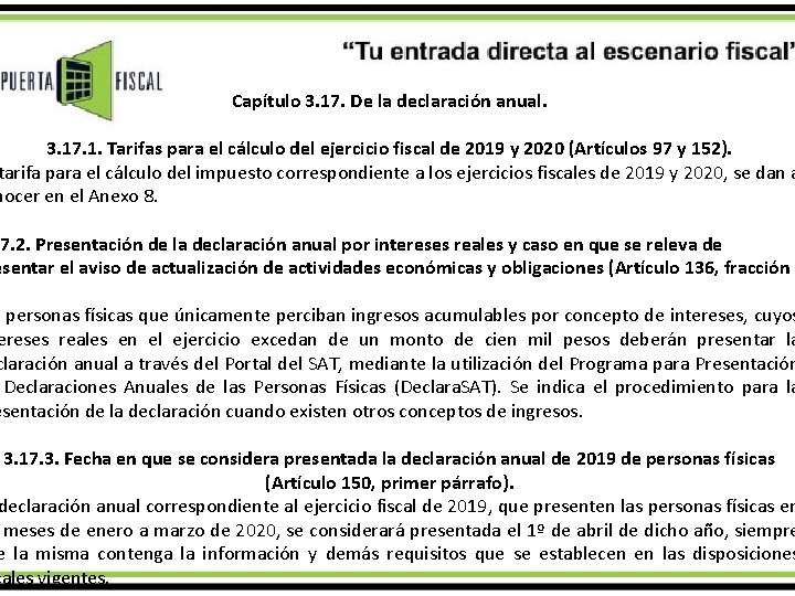 Capítulo 3. 17. De la declaración anual. 3. 17. 1. Tarifas para el cálculo