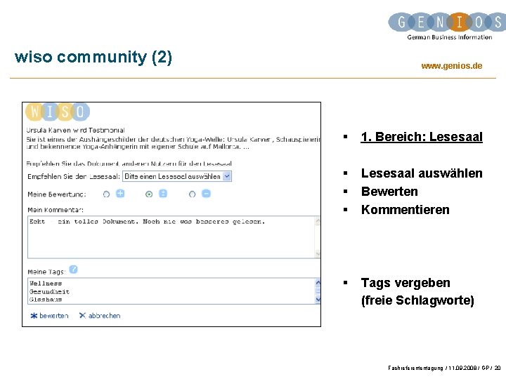 wiso community (2) www. genios. de § 1. Bereich: Lesesaal § § § Lesesaal