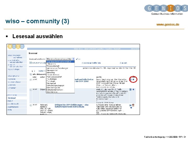 wiso – community (3) www. genios. de § Lesesaal auswählen Fachreferententagung / 11. 09.