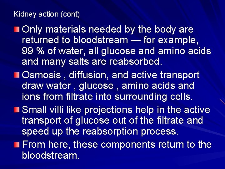 Kidney action (cont) Only materials needed by the body are returned to bloodstream —