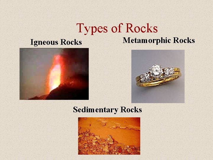 Types of Rocks Igneous Rocks Metamorphic Rocks Sedimentary Rocks 