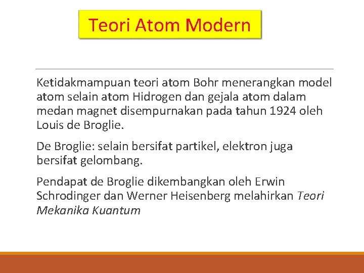 Teori Atom Modern Ketidakmampuan teori atom Bohr menerangkan model atom selain atom Hidrogen dan