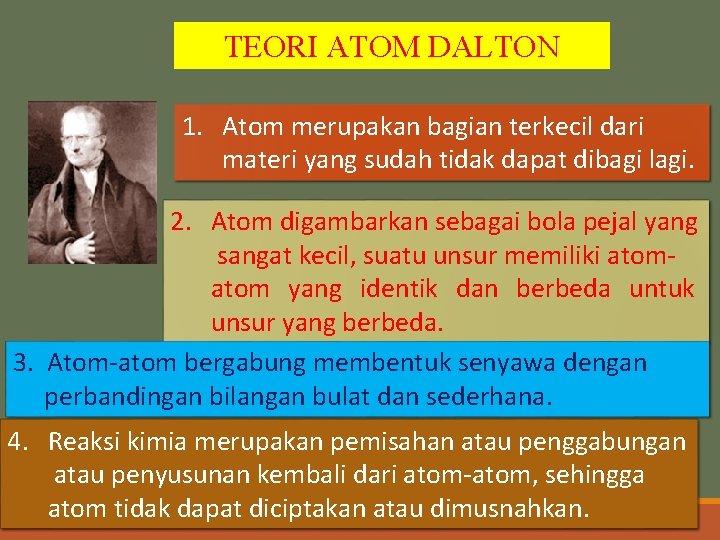 TEORI ATOM DALTON 1. Atom merupakan bagian terkecil dari materi yang sudah tidak dapat