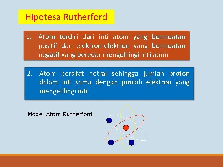 Hipotesa Rutherford 1. Atom terdiri dari inti atom yang bermuatan positif dan elektron-elektron yang