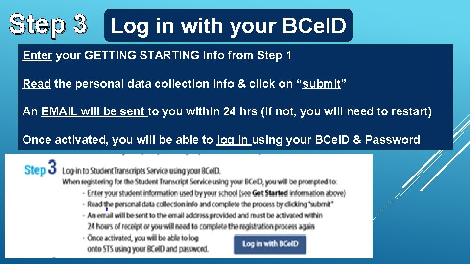 Step 3 Log in with your BCe. ID Enter your GETTING STARTING Info from