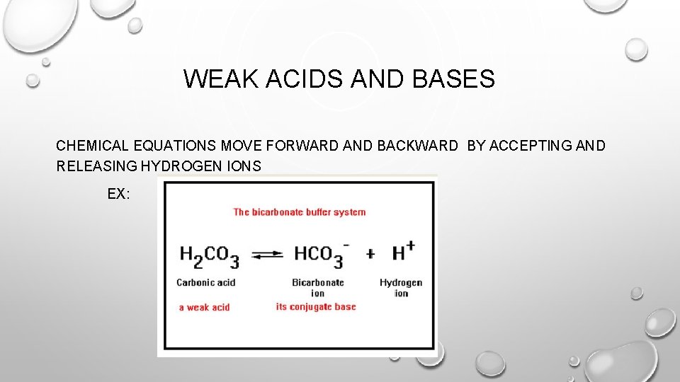 WEAK ACIDS AND BASES CHEMICAL EQUATIONS MOVE FORWARD AND BACKWARD BY ACCEPTING AND RELEASING