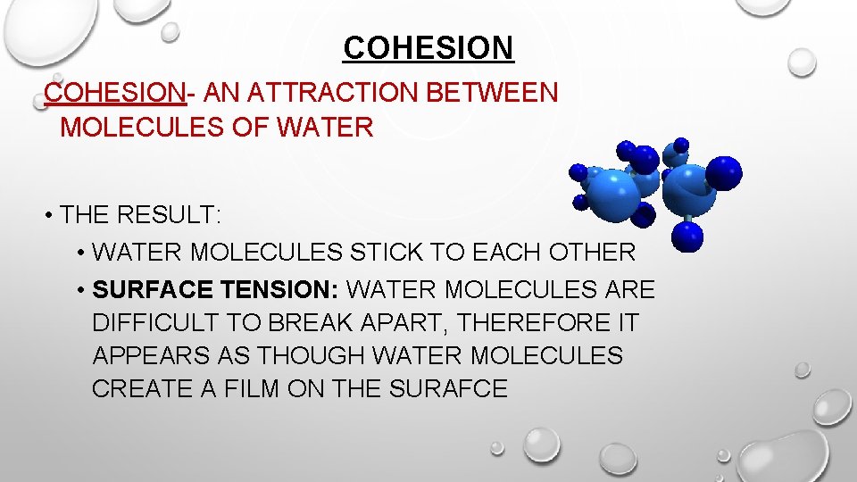 COHESION- AN ATTRACTION BETWEEN MOLECULES OF WATER • THE RESULT: • WATER MOLECULES STICK