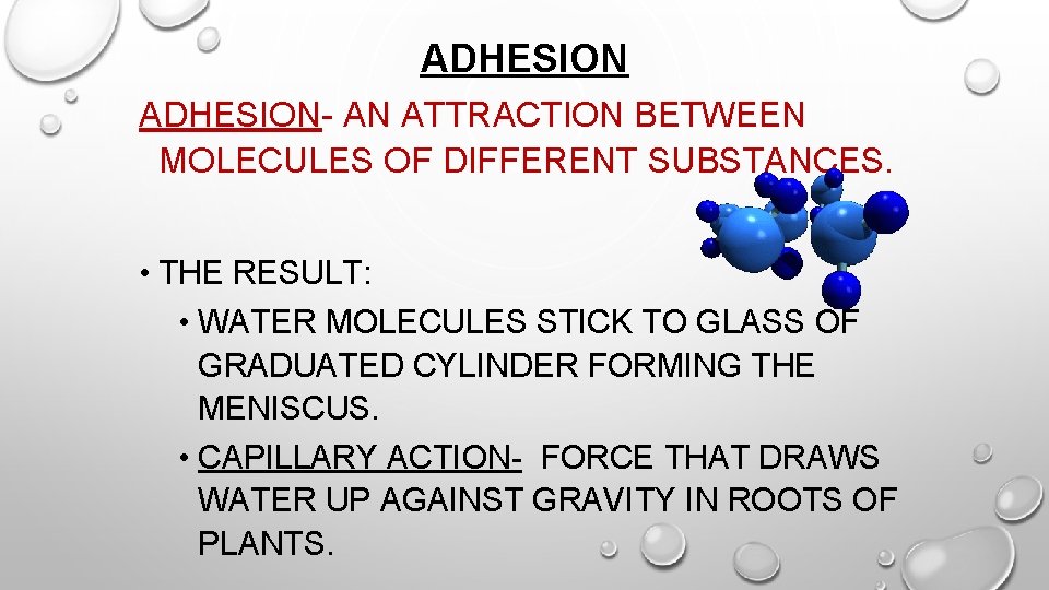 ADHESION- AN ATTRACTION BETWEEN MOLECULES OF DIFFERENT SUBSTANCES. • THE RESULT: • WATER MOLECULES