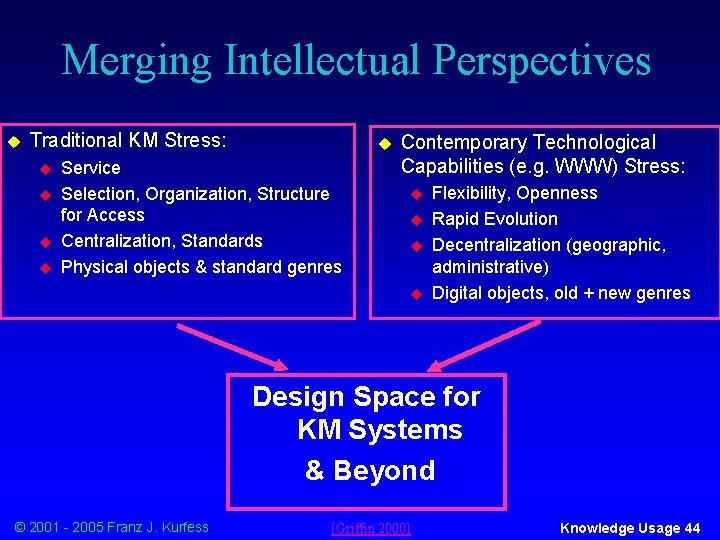 Merging Intellectual Perspectives u Traditional KM Stress: u u u Service Selection, Organization, Structure