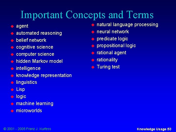 Important Concepts and Terms u u u u agent automated reasoning belief network cognitive