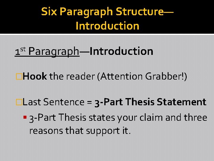 Six Paragraph Structure— Introduction 1 st Paragraph—Introduction �Hook the reader (Attention Grabber!) �Last Sentence