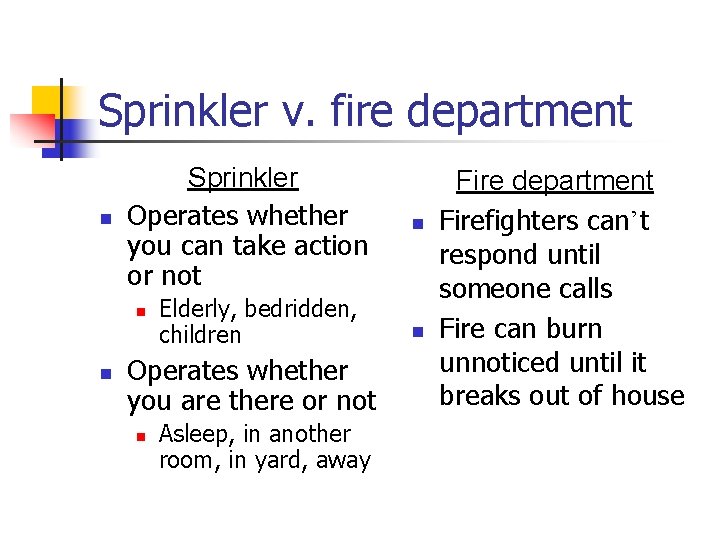 Sprinkler v. fire department n Sprinkler Operates whether you can take action or not