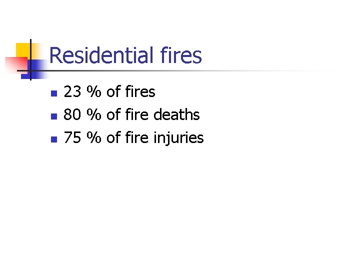 Residential fires n n n 23 % of fires 80 % of fire deaths