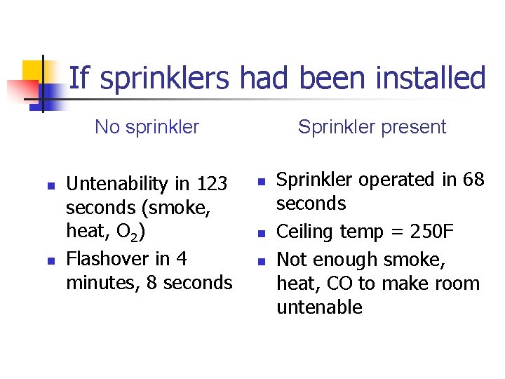 If sprinklers had been installed No sprinkler n n Untenability in 123 seconds (smoke,