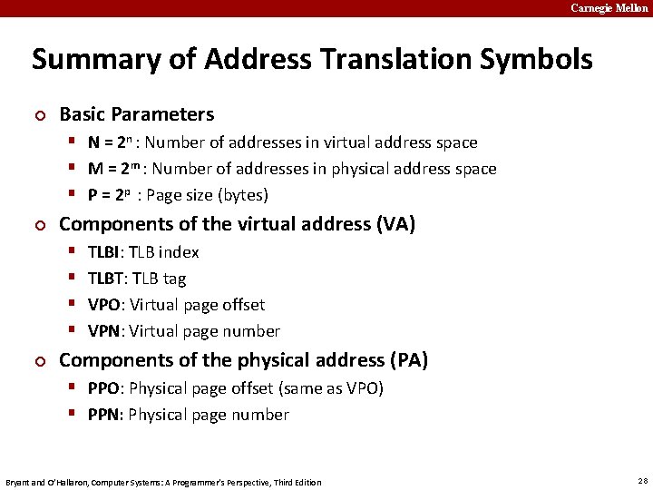 Carnegie Mellon Summary of Address Translation Symbols ¢ Basic Parameters § N = 2