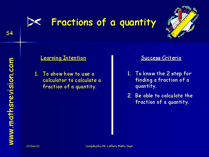 Fractions of a quantity www. mathsrevision. com S 4 Learning Intention 1. To show