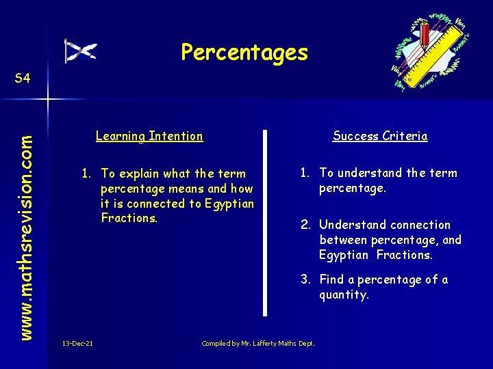 Percentages www. mathsrevision. com S 4 Learning Intention 1. To explain what the term