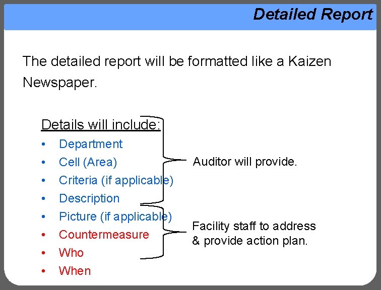 Detailed Report The detailed report will be formatted like a Kaizen Newspaper. Details will