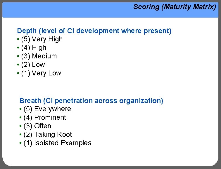 Scoring (Maturity Matrix) Depth (level of CI development where present) • (5) Very High