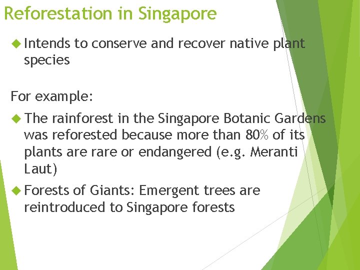 Reforestation in Singapore Intends to conserve and recover native plant species For example: The