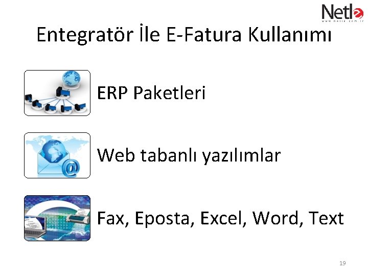 Entegratör İle E-Fatura Kullanımı ERP Paketleri Web tabanlı yazılımlar Fax, Eposta, Excel, Word, Text