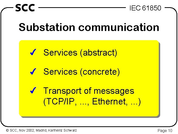 SCC IEC 61850 Substation communication 4 Services (abstract) 4 Services (concrete) 4 Transport of