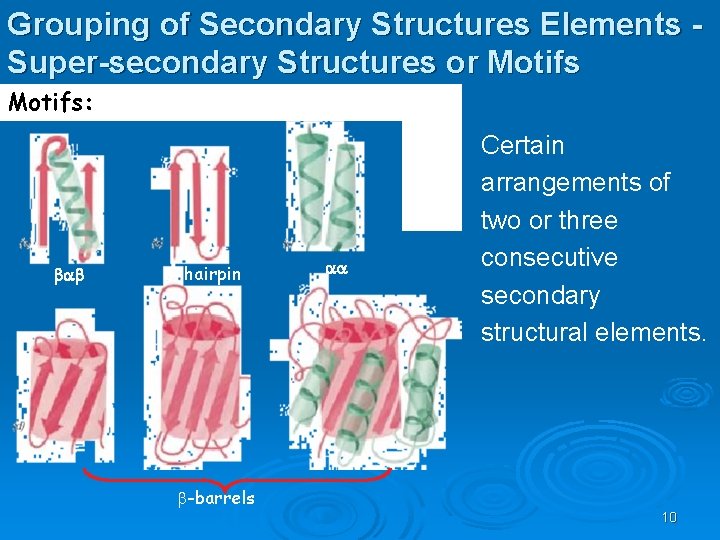 Grouping of Secondary Structures Elements Super-secondary Structures or Motifs: bab b-hairpin aa Certain arrangements