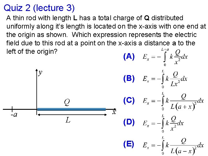 Quiz 2 (lecture 3) A thin rod with length L has a total charge