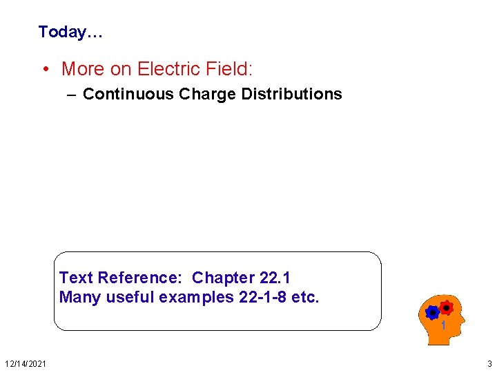 Today… • More on Electric Field: – Continuous Charge Distributions Text Reference: Chapter 22.