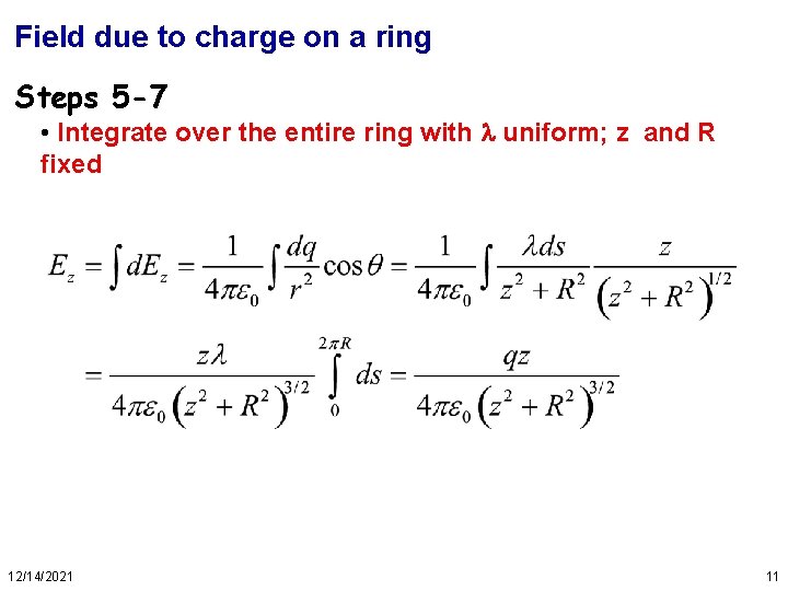 Field due to charge on a ring Steps 5 -7 • Integrate over the