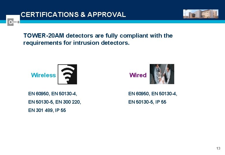 CERTIFICATIONS & APPROVAL TOWER-20 AM detectors are fully compliant with the requirements for intrusion