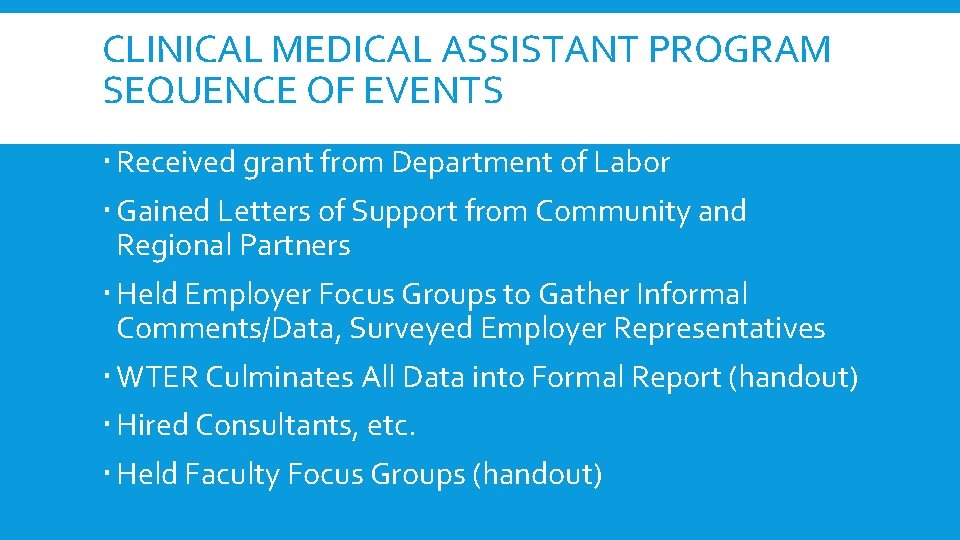 CLINICAL MEDICAL ASSISTANT PROGRAM SEQUENCE OF EVENTS Received grant from Department of Labor Gained CLINICAL MEDICAL ASSISTANT PROGRAM SEQUENCE OF EVENTS Received grant from Department of Labor Gained