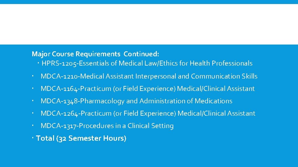 Major Course Requirements Continued: HPRS-1205 -Essentials of Medical Law/Ethics for Health Professionals MDCA-1210 -Medical Major Course Requirements Continued: HPRS-1205 -Essentials of Medical Law/Ethics for Health Professionals MDCA-1210 -Medical