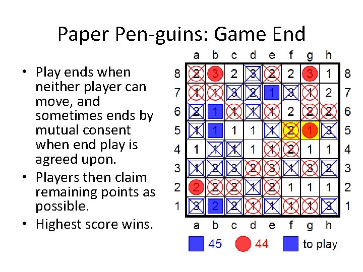 Paper Pen-guins: Game End • Play ends when neither player can move, and sometimes