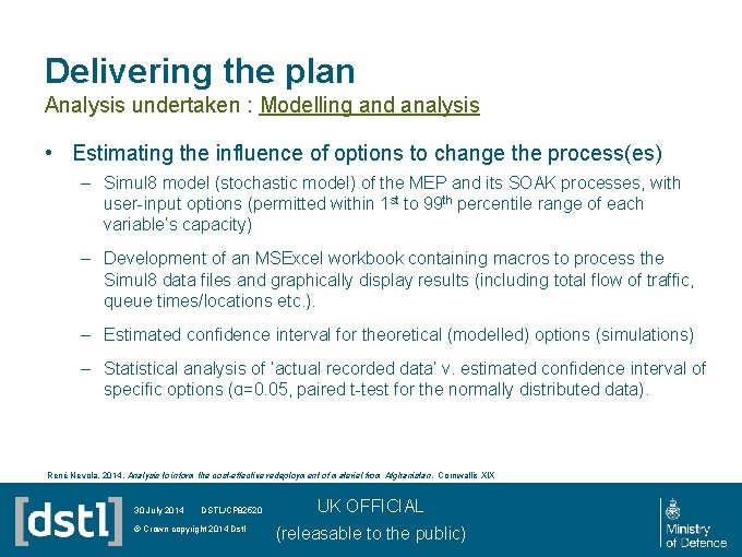 Delivering the plan Analysis undertaken : Modelling and analysis • Estimating the influence of