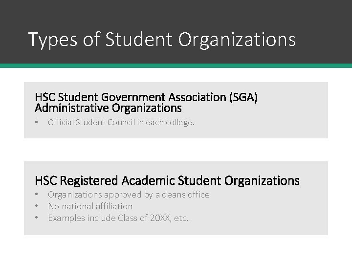 Types of Student Organizations HSC Student Government Association (SGA) Administrative Organizations • Official Student