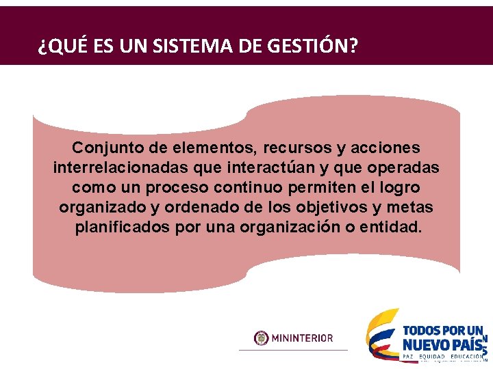 ¿QUÉ ES UN SISTEMA DE GESTIÓN? Conjunto de elementos, recursos y acciones interrelacionadas que