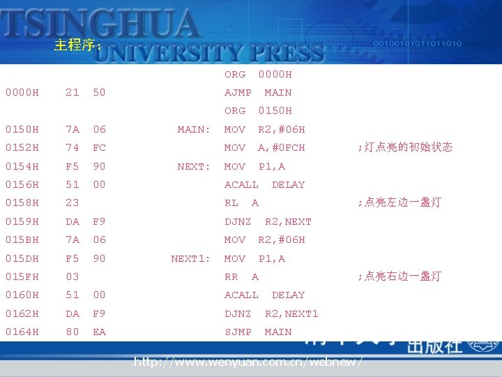 主程序： ORG 0000 H 21 50 0000 H AJMP MAIN: MAIN ORG 0150 H