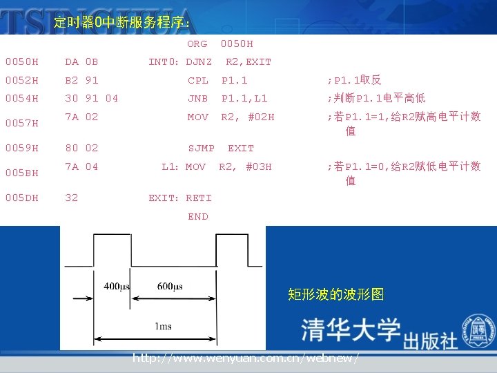 定时器 0中断服务程序： ORG 0050 H 6. 3. 4 方式 2及应用实例 0050 H DA 0