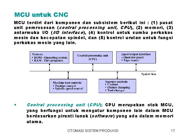 MCU untuk CNC MCU terdiri dari komponen dan subsistem berikut ini : (1) pusat