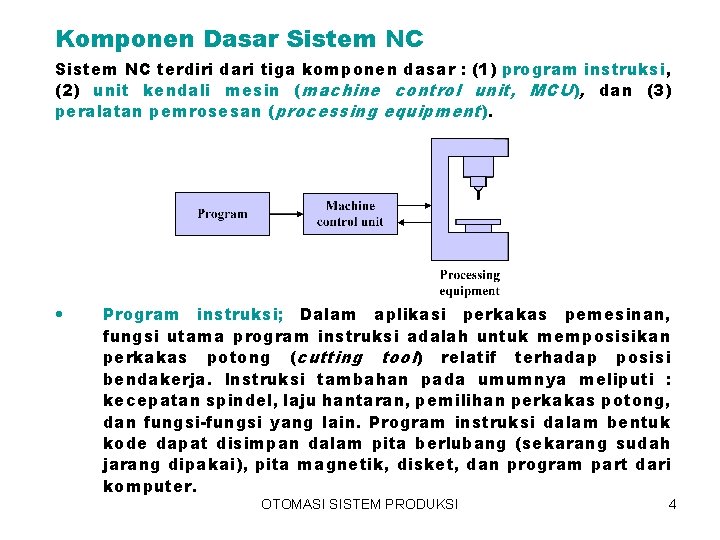 Komponen Dasar Sistem NC terdiri dari tiga komponen dasar : (1) program instruksi, (2)
